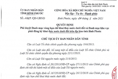 Phê duyệt danh mục vùng hạn chế khai thác nước dưới đất và danh mục khu vực phải đăng ký khai thác nước dưới đất trên địa bàn tỉnh