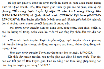 Đề cương tuyên truyền kỷ niệm 78 năm Cách mạng Tháng Tám (19/8/1945-19/8/2023) và Quốc khánh nước CHXHCN Việt Nam (02/9/1945- 02/9/2023)