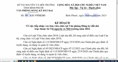 Kế hoạch về việc tiếp nhận vào làm viên chức tại Văn phòng Đăng ký đất đai