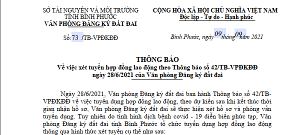 Thông báo Về việc xét tuyển hợp đồng lao động theo Thông báo số 42/TB-VPĐKĐĐ ngày 28/6/2021 của Văn phòng Đăng ký đất đai