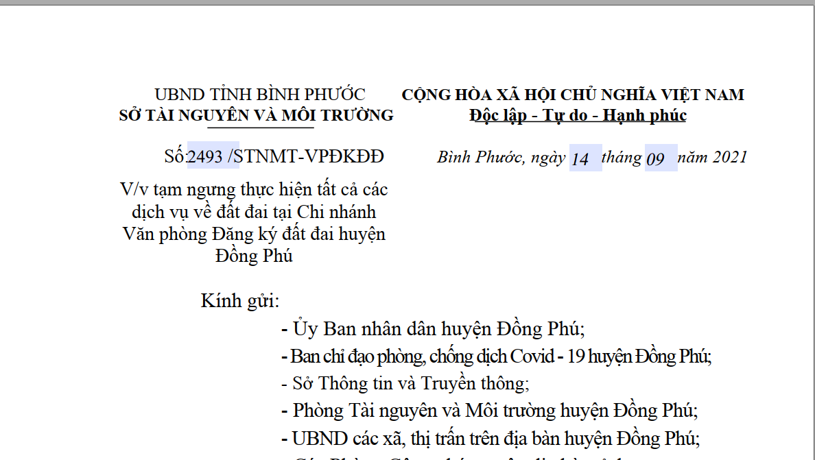 Thông báo tạm ngưng thực hiện tất cả các dịch vụ về đất đai tại Chi nhánh Văn phòng Đăng ký đất đai huyện Đồng Phú