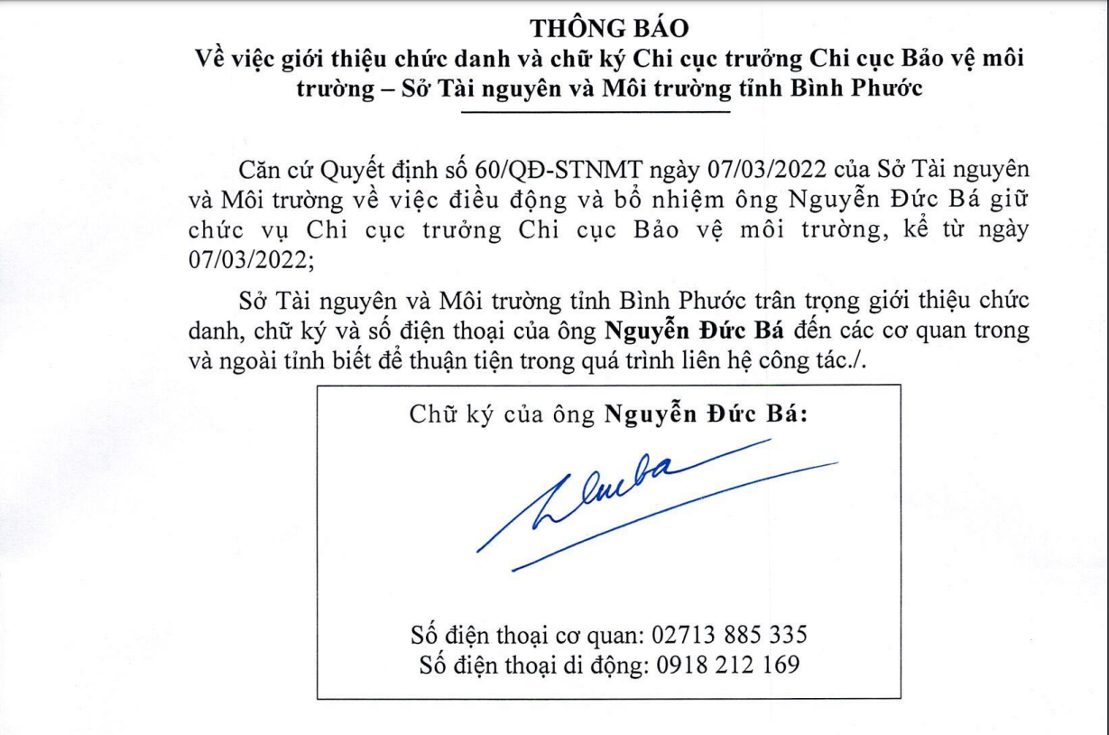 Thông báo về việc giới thiệu chức danh và chữ ký Chi cục trưởng Chi cục bảo vệ môi trường