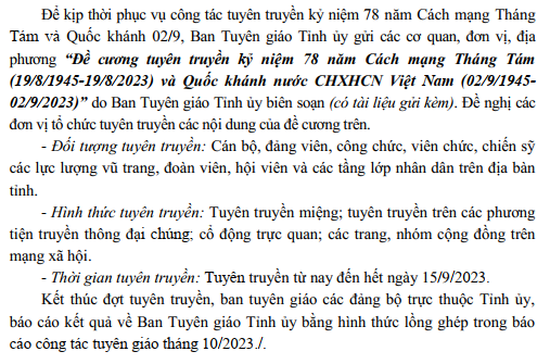 Đề cương tuyên truyền kỷ niệm 78 năm Cách mạng Tháng Tám (19/8/1945-19/8/2023) và Quốc khánh nước CHXHCN Việt Nam (02/9/1945- 02/9/2023)