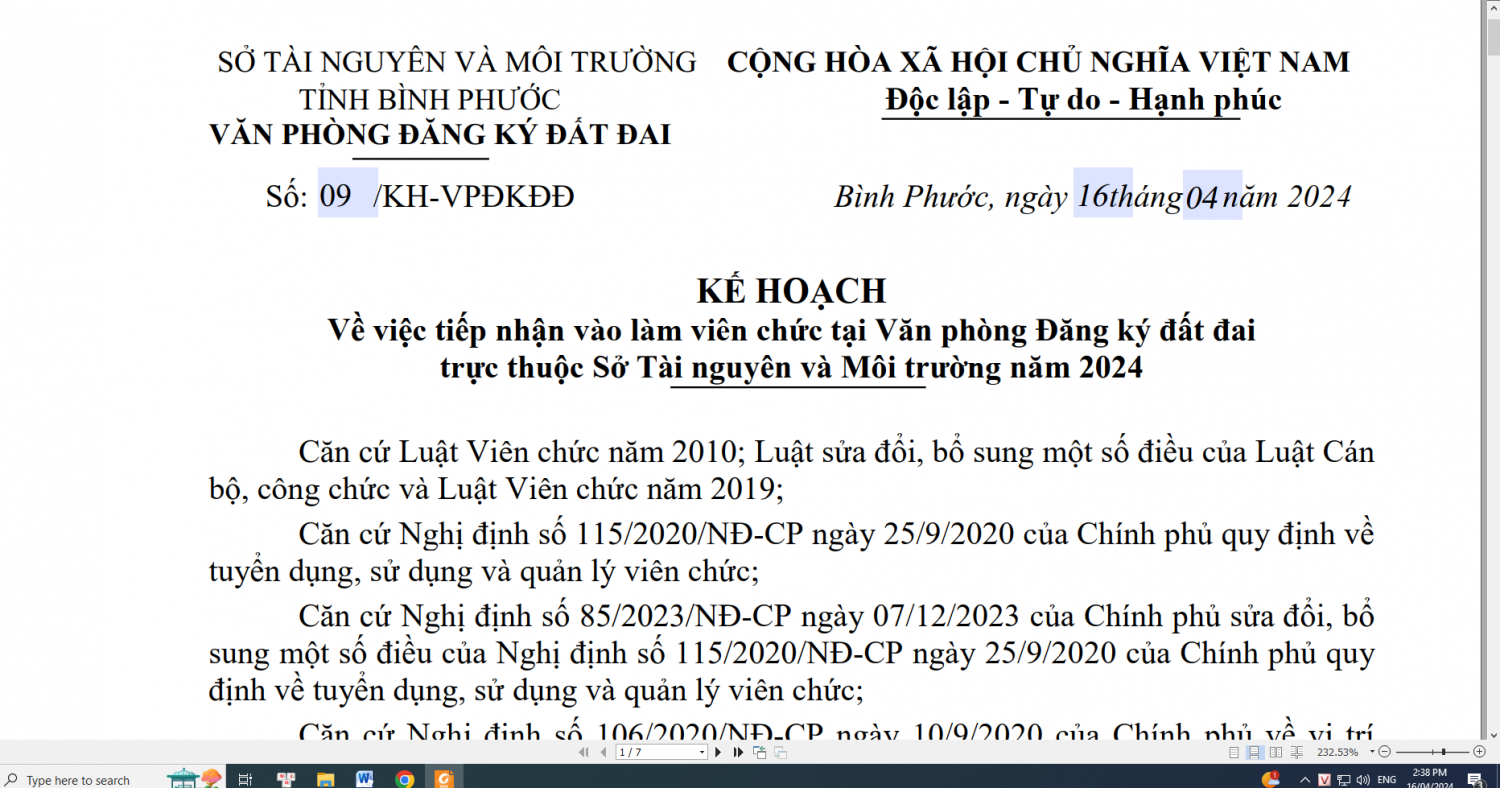 Kế hoạch về việc tiếp nhận vào làm viên chức tại Văn phòng Đăng ký đất đai